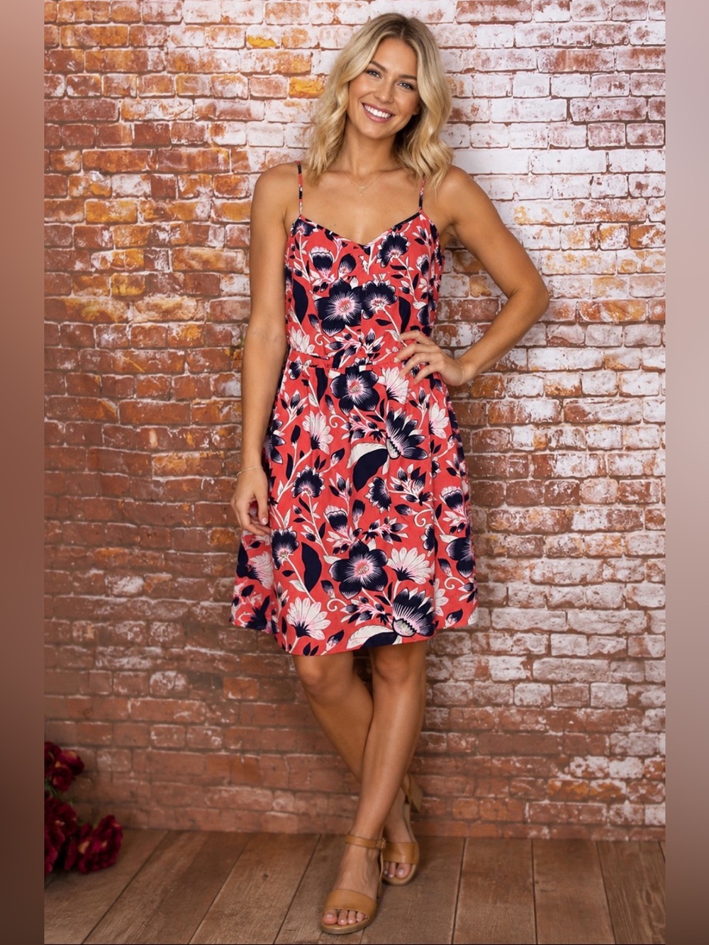 J. Crew Coral and Navy  Floral  Spaghetti-Strap Seaside Cami Sundress
